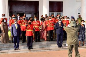 President Museveni waving to the retiring UPDF officers at State House Entebbe