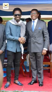 Katikkiro Charles Peter Mayiga hand shake with newly elected Uganda Law Society (ULS) President Isaac Ssemakadde (Photo by Buganda Media Centre)