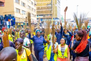 City cleaners jubilating on the street